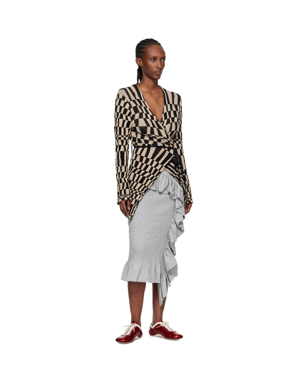 Dries Van Noten Black Shirred Ruffle Midi Skirt