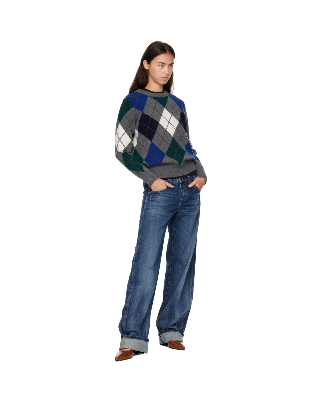 &Daughter Blue Ava Argyle Crewneck Sweater