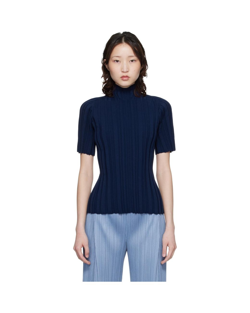 Pleats Please Issey Miyake Blue Rib Knit Turtleneck