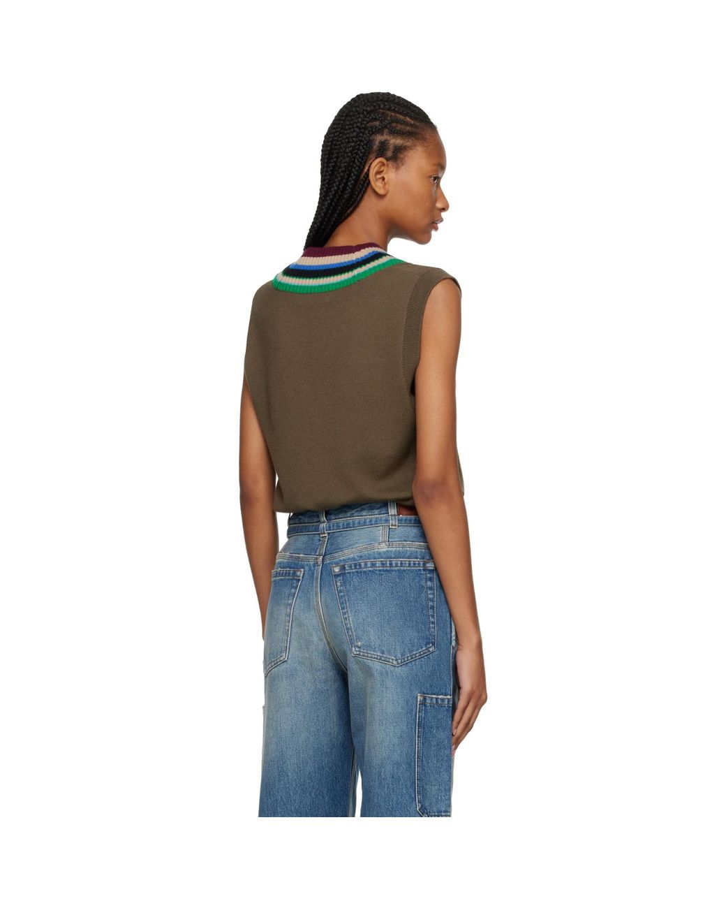 Dries Van Noten Black Khaki V-Neck Wool Vest