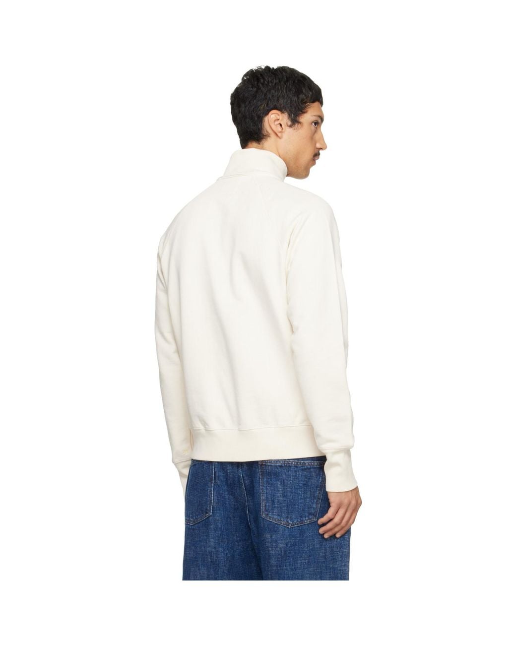 Drake's White Cotton Quarter Zip Sweatshirt for men