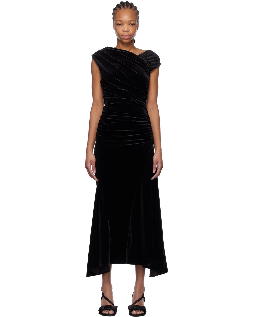 Ganni ブラック ベルベット ルーシュ マキシドレス ブラック | Lyst