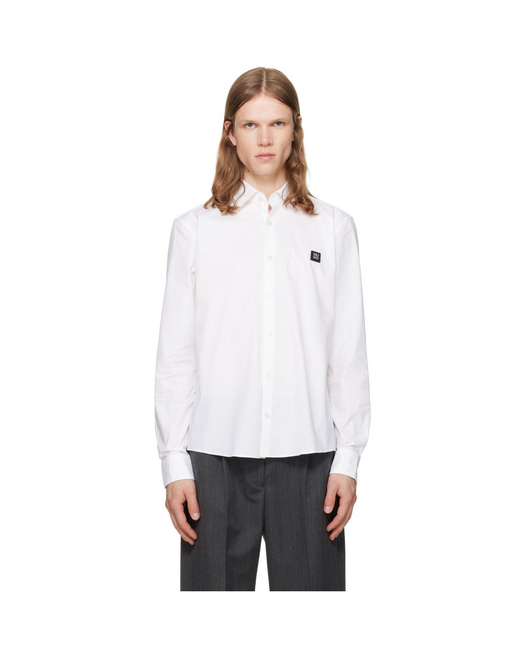 HUGO White Stretch-Cotton Canvas Slim-Fit Shirt for men