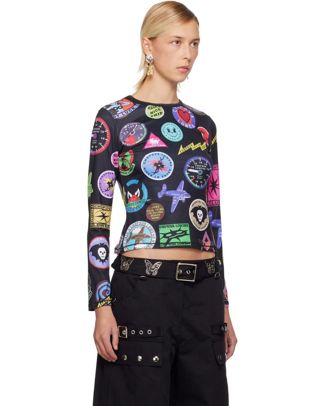 Chopova Lowena Black Patch Print Fitted Jersey T-Shirt