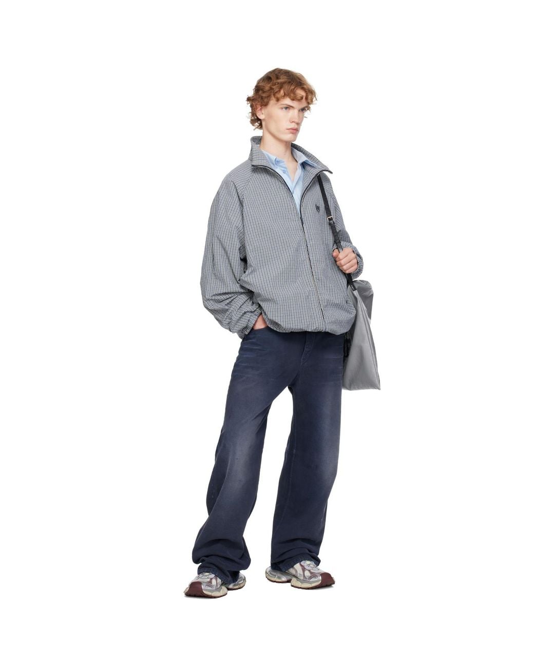 Balenciaga Gray Cotton Linen Check Zip-Up Jacket for men