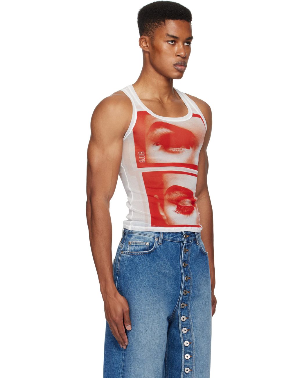 Jean Paul Gaultier Printed Eyes & Lips Mesh Tank Top in