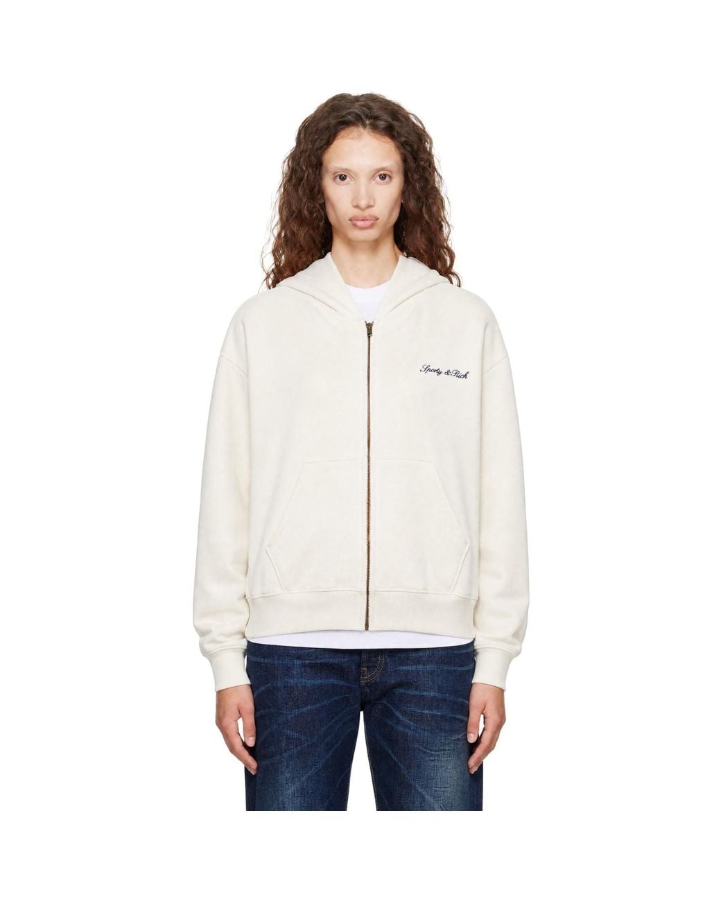 Sporty & Rich White Off- Signature Logo Embroidered Zip Hoodie