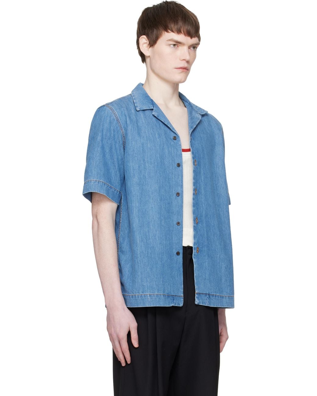 Dries Van Noten Blue Short-Sleeve Denim Shirt for men