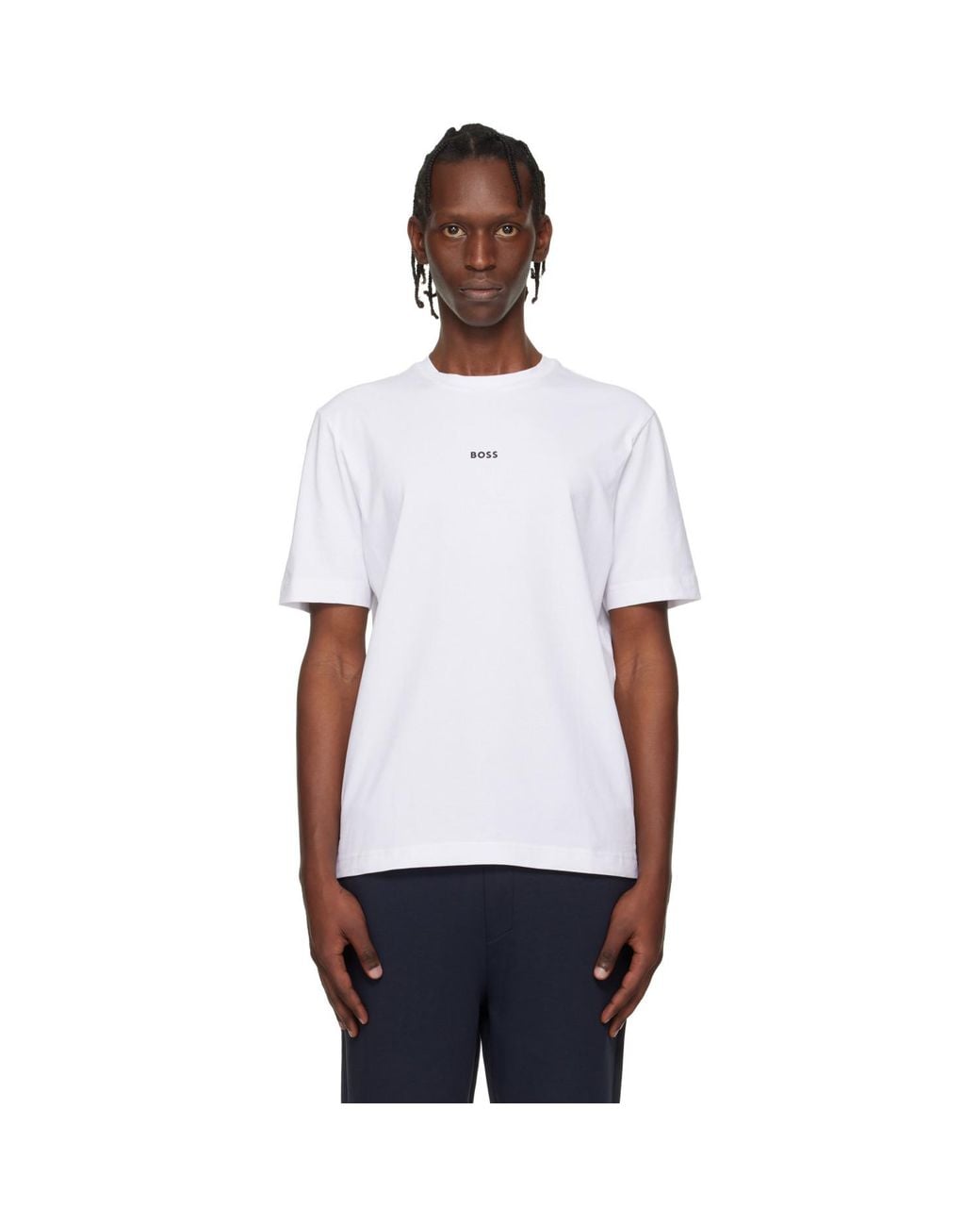 Boss White Contrast Logo Stretch-Cotton T-Shirt for men