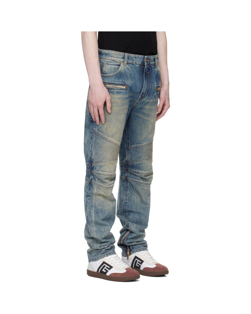 Balmain Blue Vintage Denim Biker Jeans for men