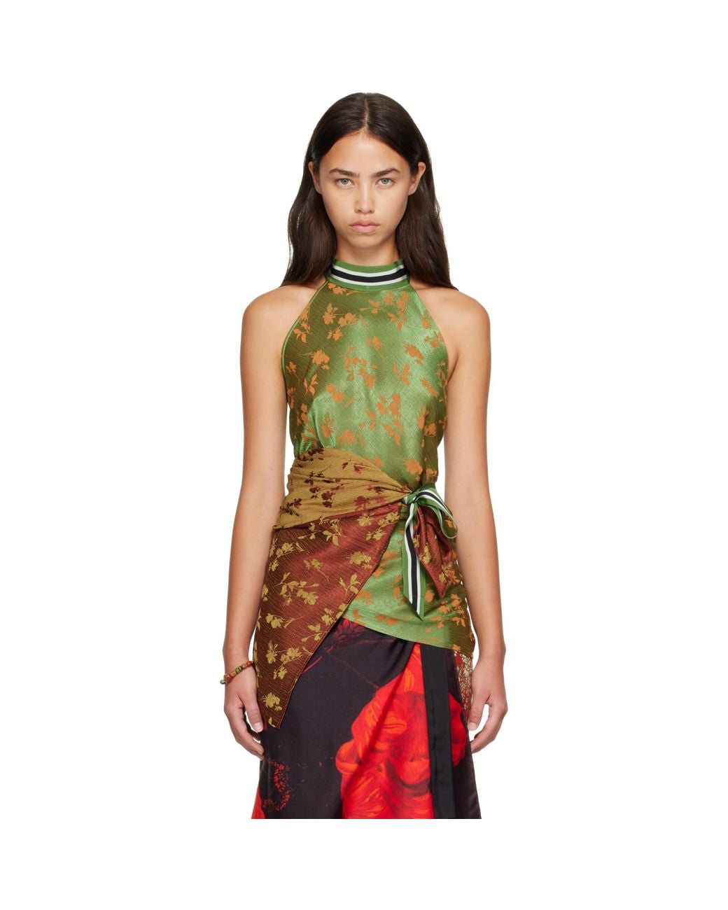 Dries Van Noten Green Jacquard Wrap Top
