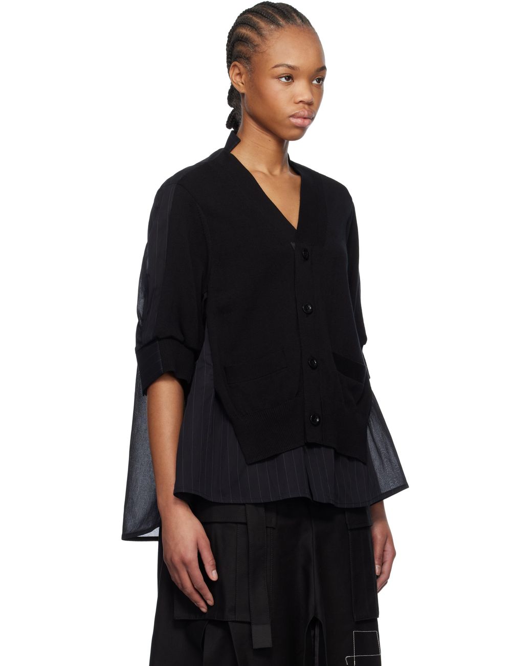Sacai High Twist Voile & Knit Cardigan in Black | Lyst UK