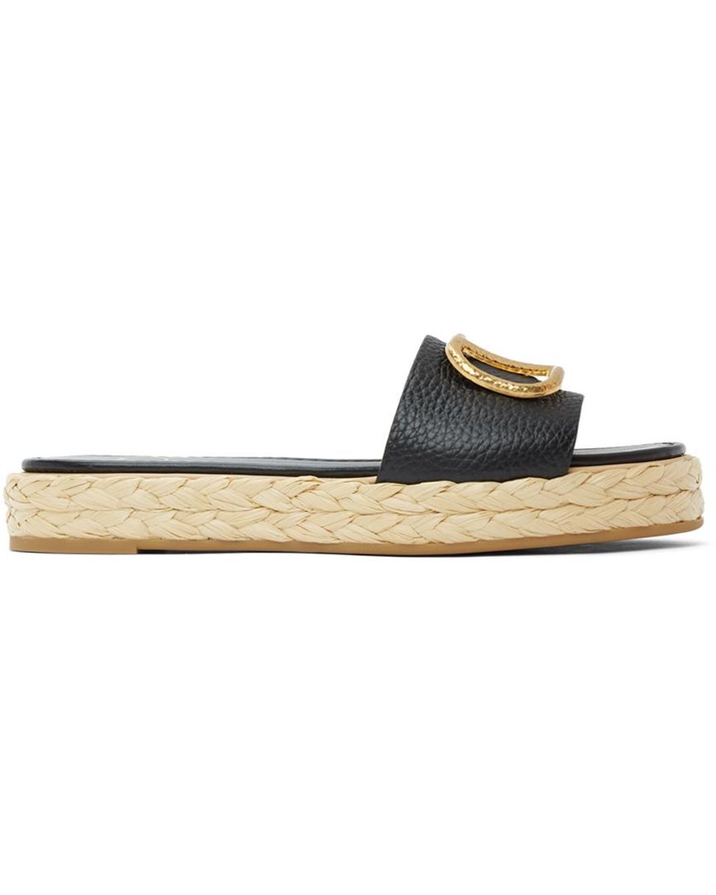 Valentino Garavani Leather Black Vlogo Slide Espadrilles - Lyst
