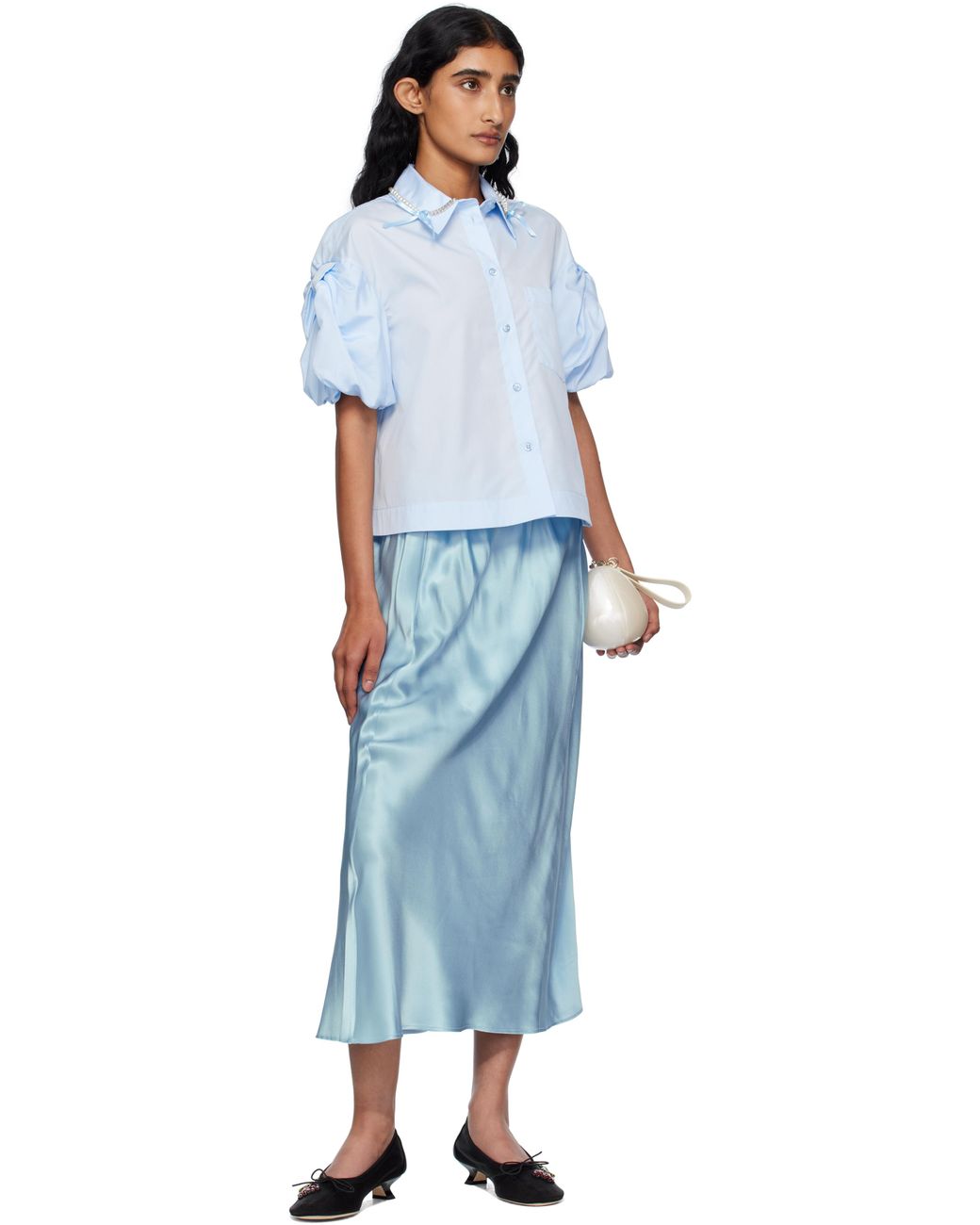 Simone Rocha Blue Cropped Puff Bow Sleeve Shirt