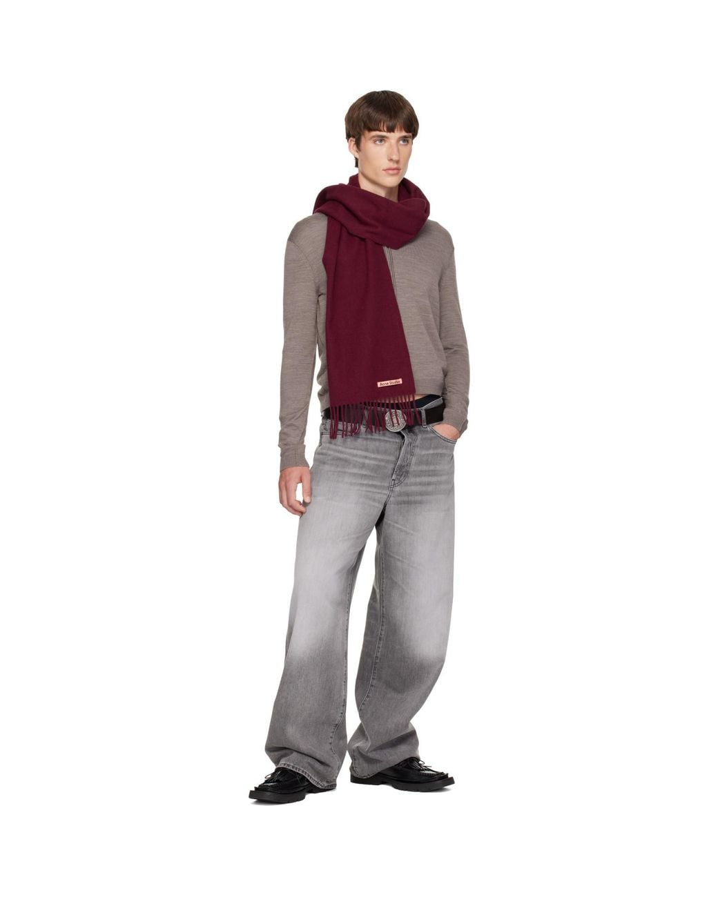 Acne Purple Burgundy Fringed Wool Scarf for men
