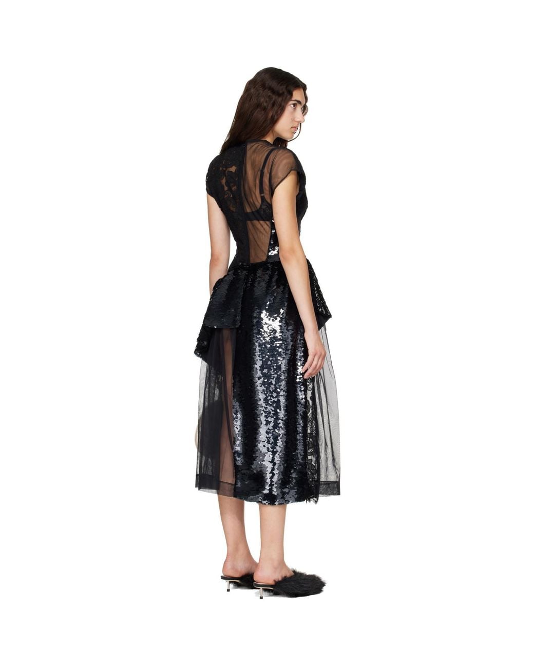 Simone Rocha Black Patchwork Cap Sleeve Ruffle Detail Midi Dress