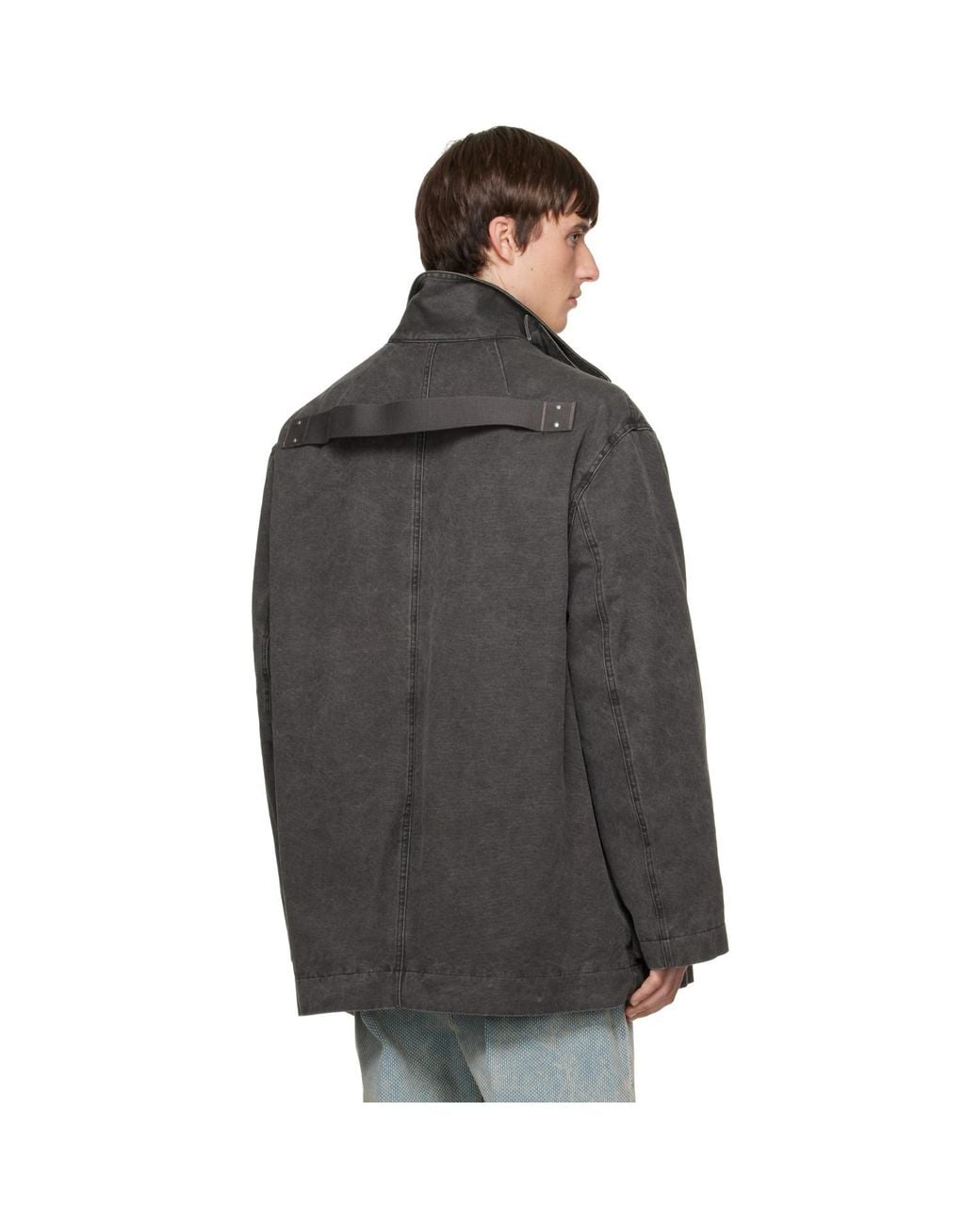 Rick Owens Black Tower Collared Mac Jacket for men