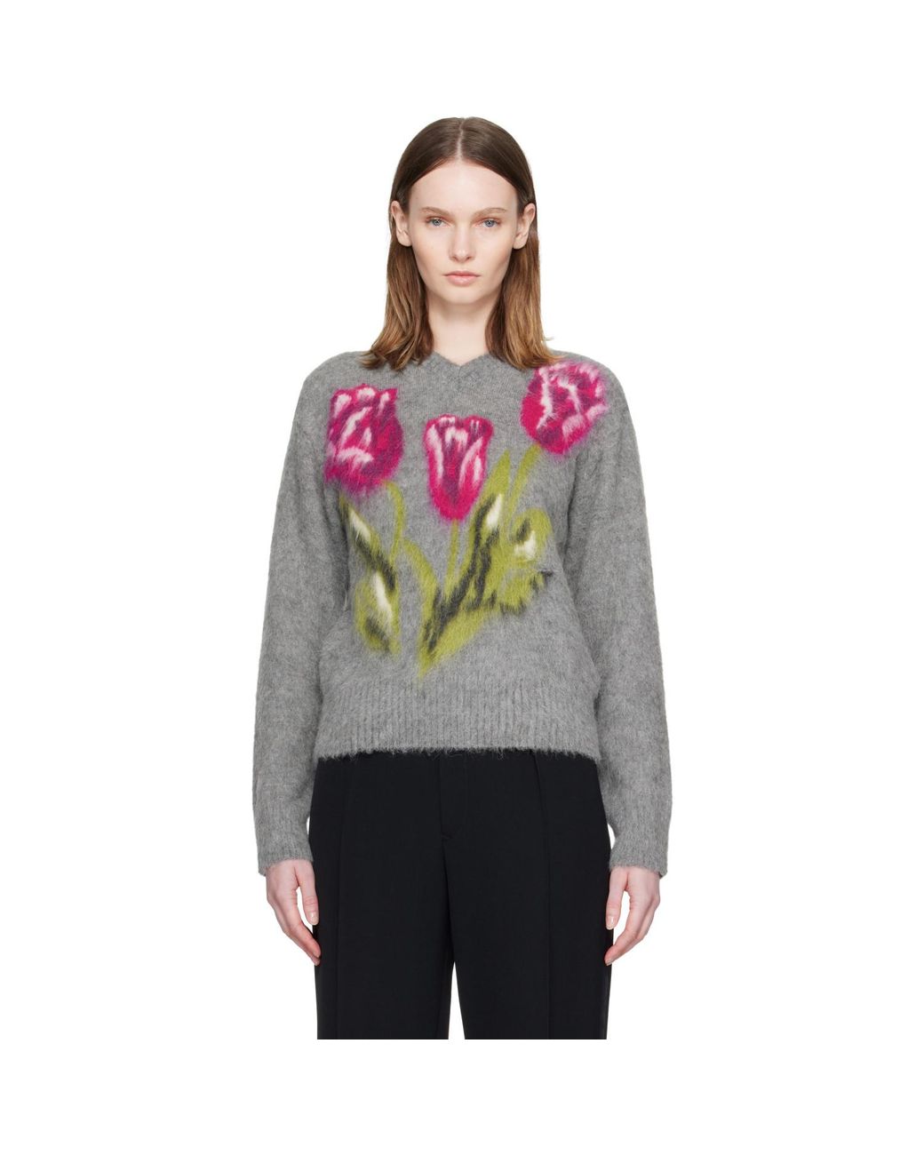 Maison Margiela Gray Brushed Alpaca V-Neck Sweater