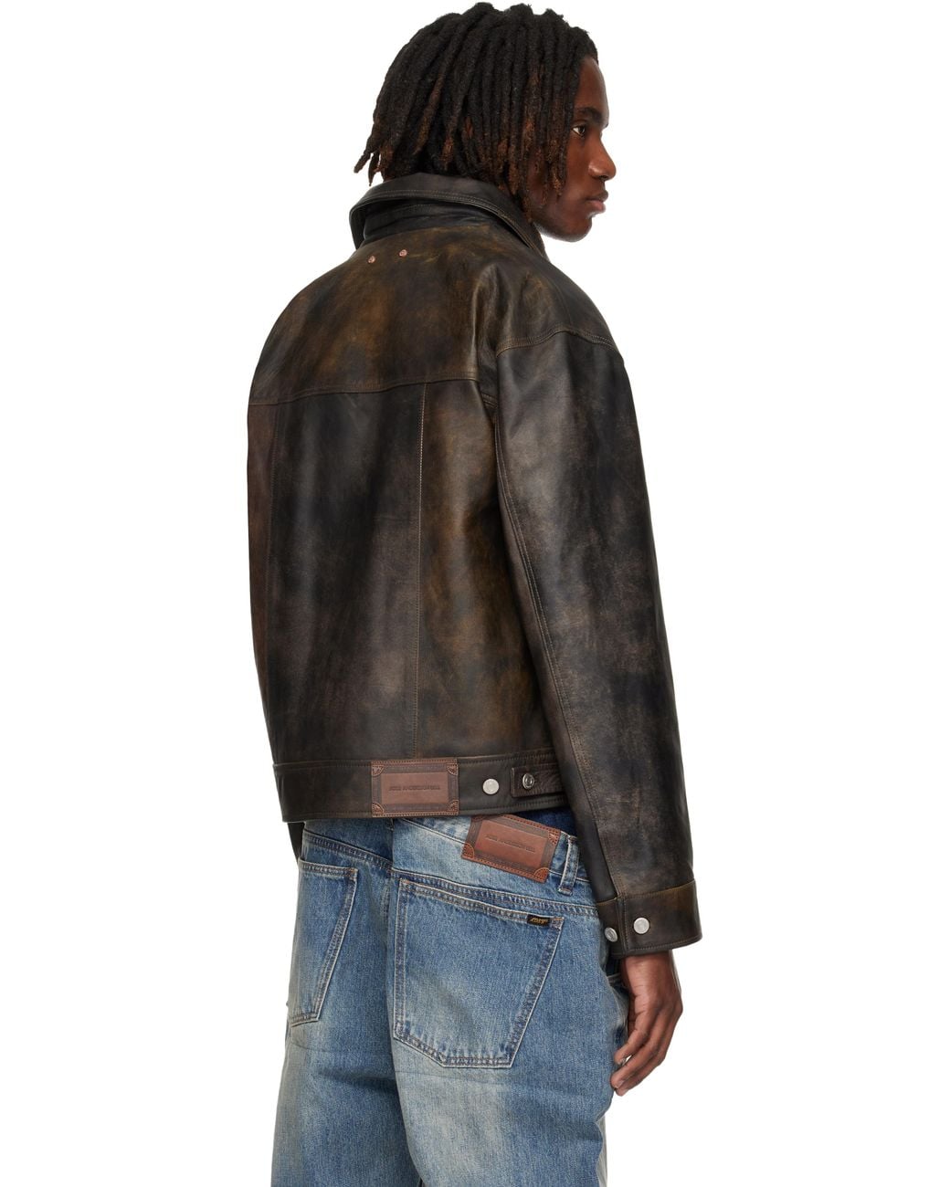 ANDERSSON BELL Black Leather Patchwork Trucker Jacket for men