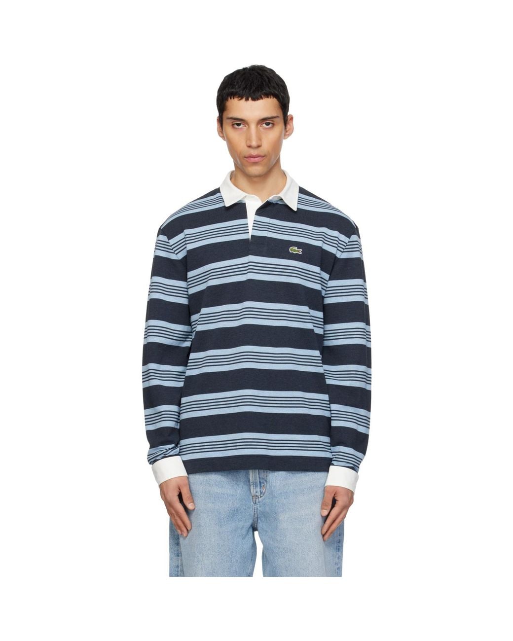 Lacoste Blue Relaxed Fit Striped Piqué Rugby Polo for men