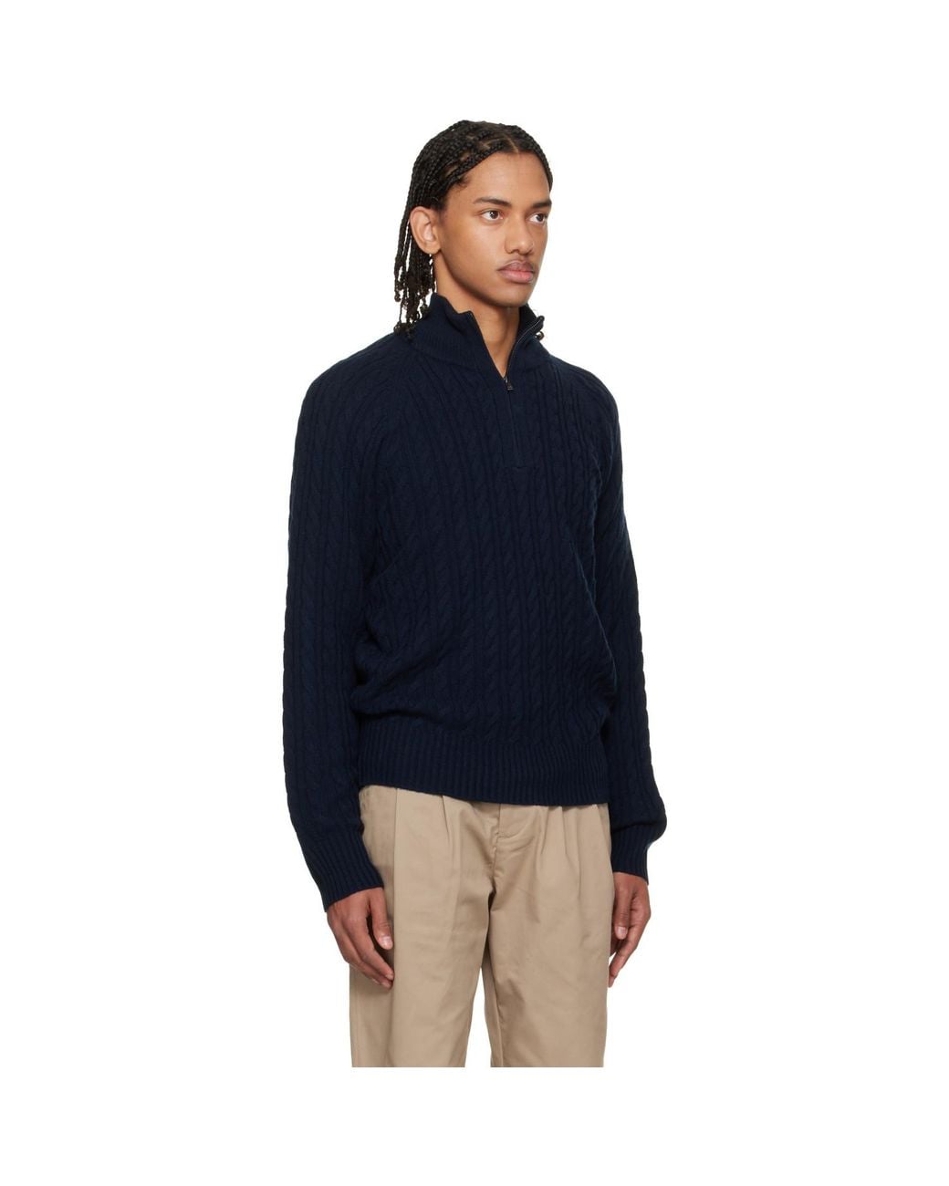 Boss Blue Zip-Neck All-Over Cable Pattern Sweater for men