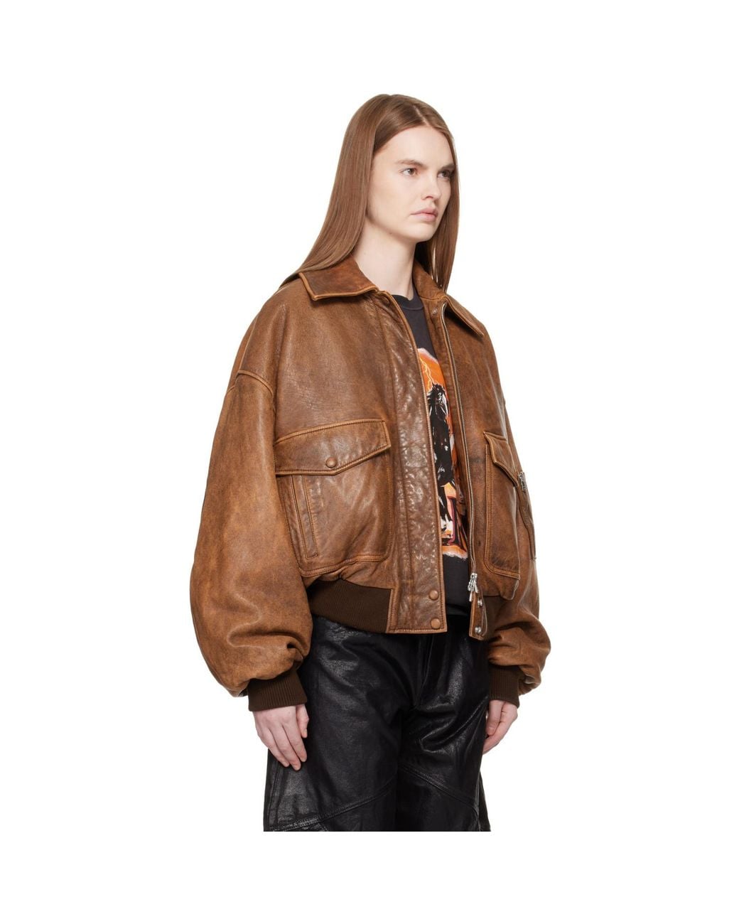 Amiri Brown Tan Faded Leather Bomber Jacket