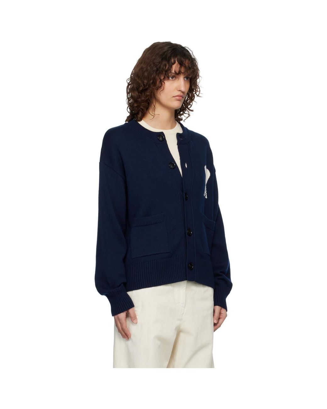 AMI Blue Wool Crewneck Ami De Coeur Cardigan