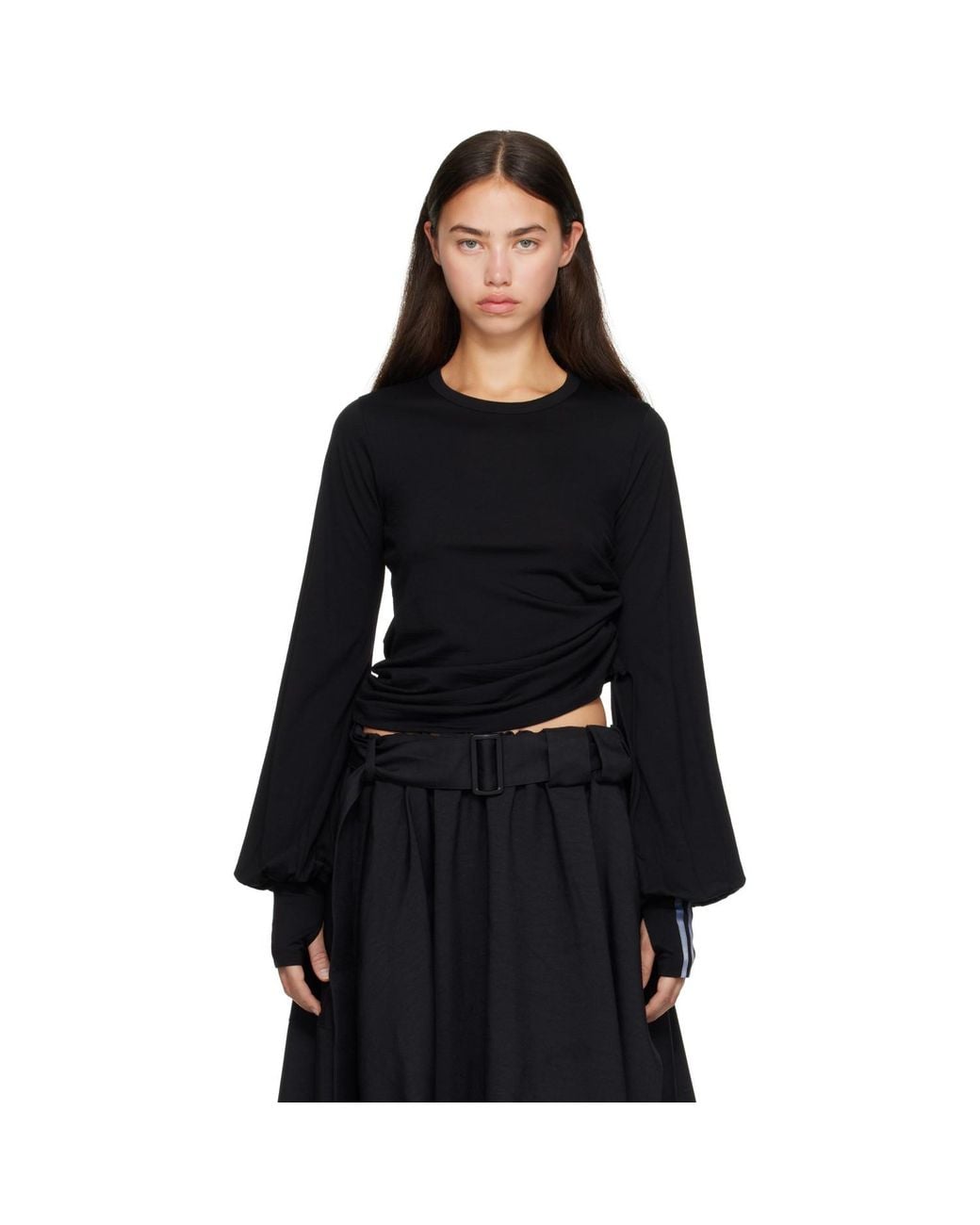 Y-3 Black Wool Cinched Drape Long Sleeve T-Shirt