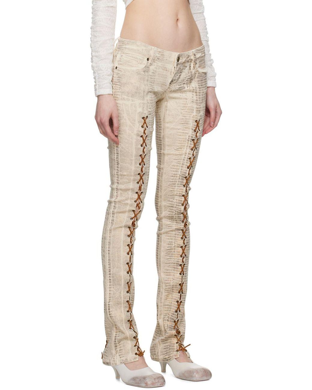 Guess USA Tan Laced Flared Trousers in Natural | Lyst