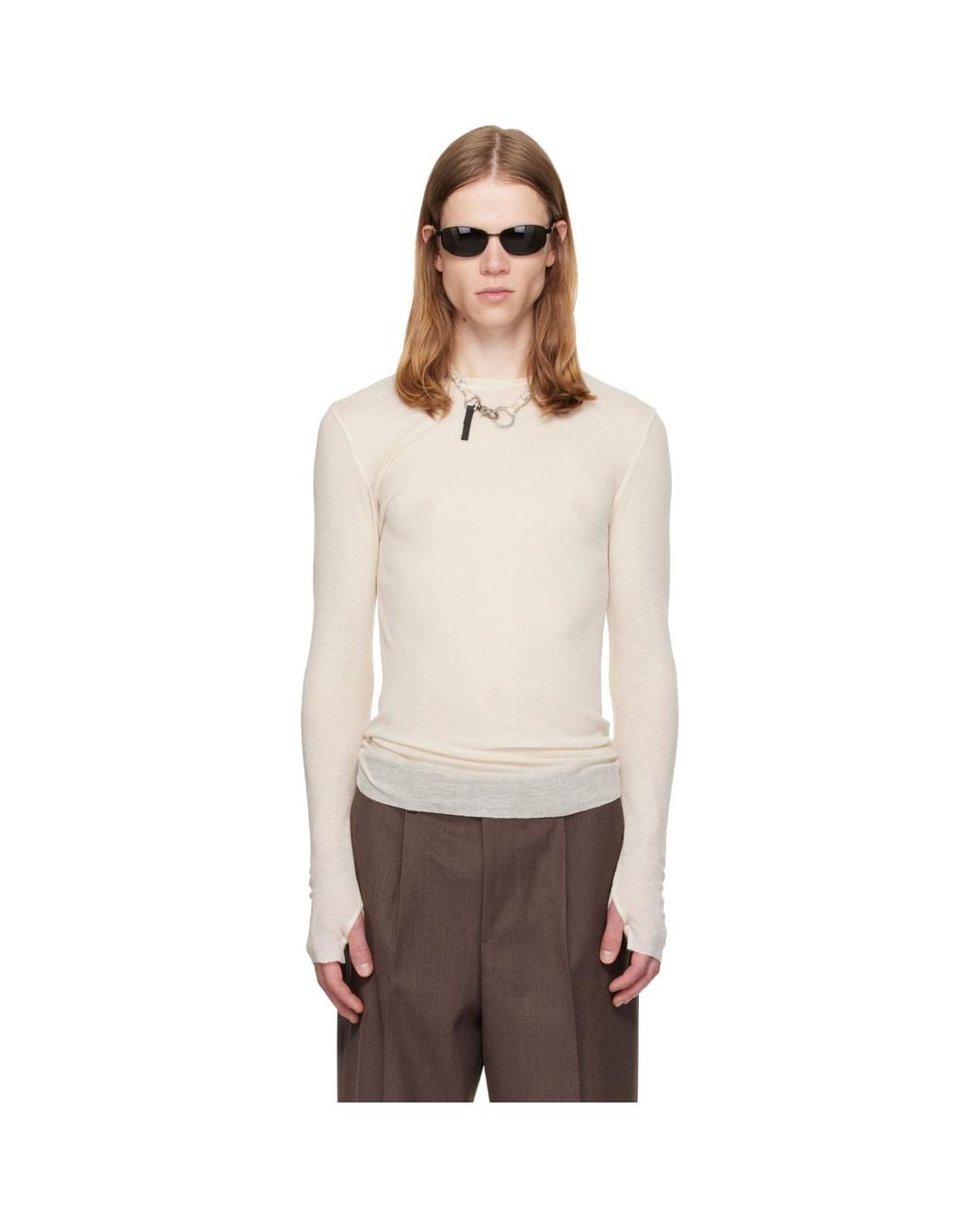 TONYWACK Natural Off- Sheer Wool Ribbed Knit Sweater for men