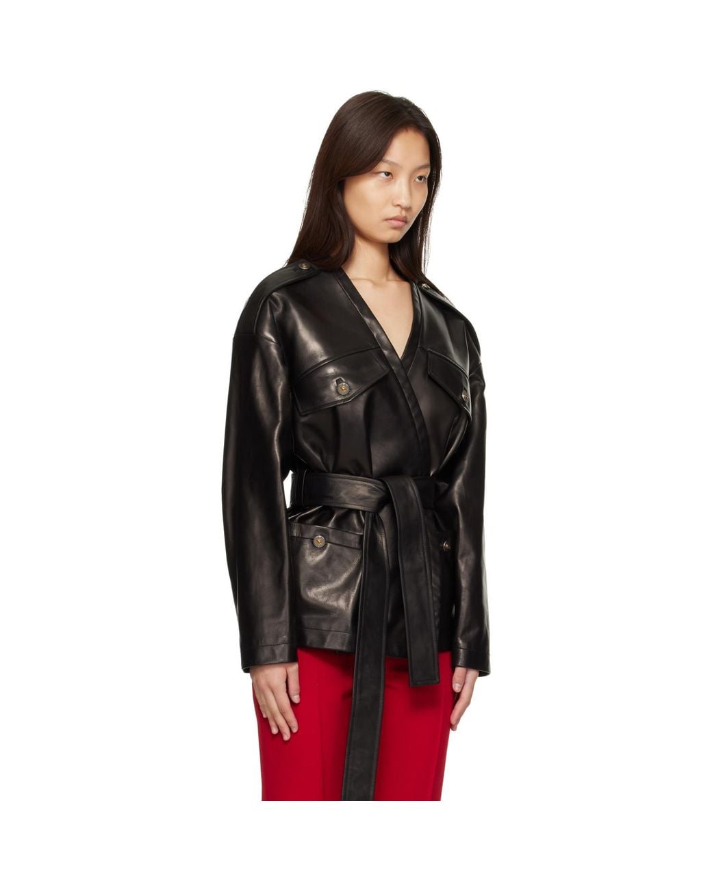Versace Black V-Neck Blouson Leather Jacket