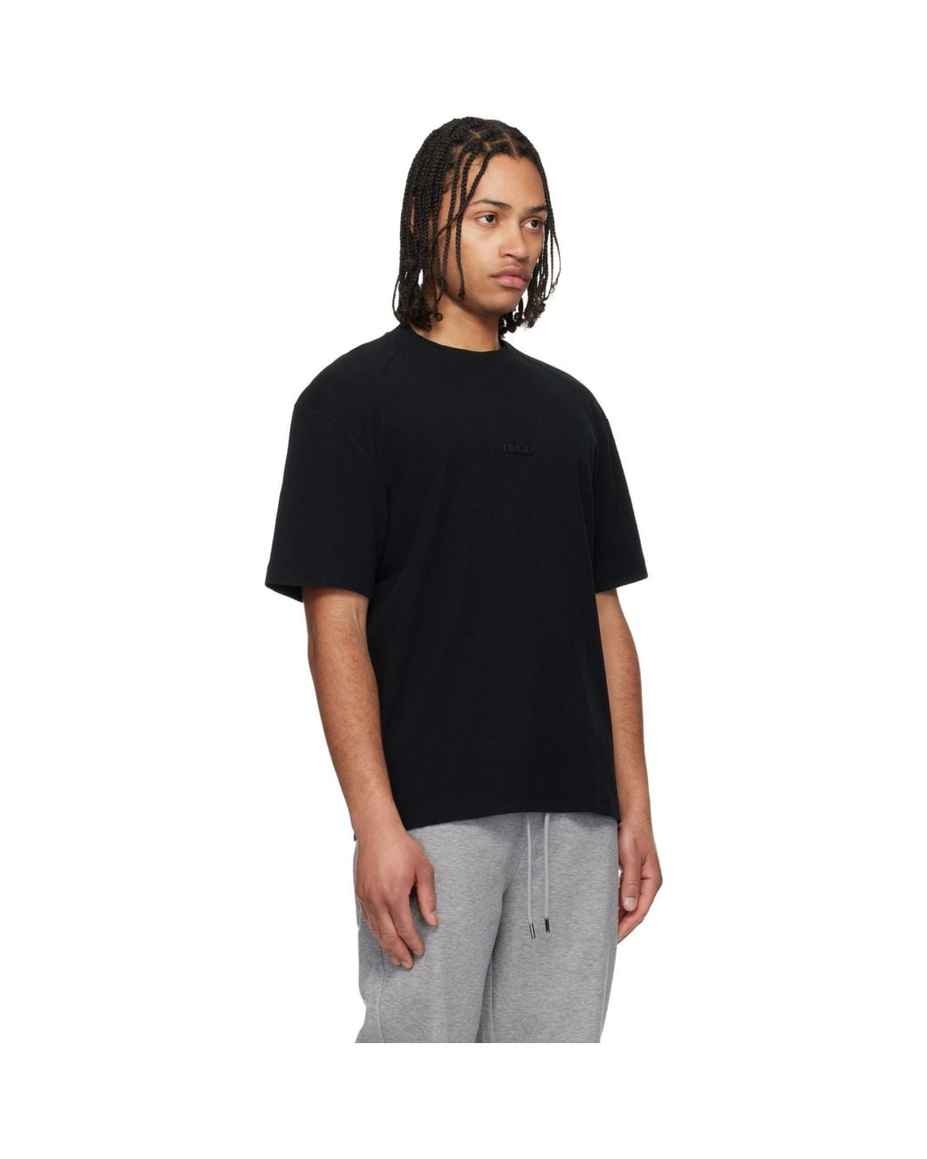 HUGO Black Waffle-Structured Cotton T-Shirt for men