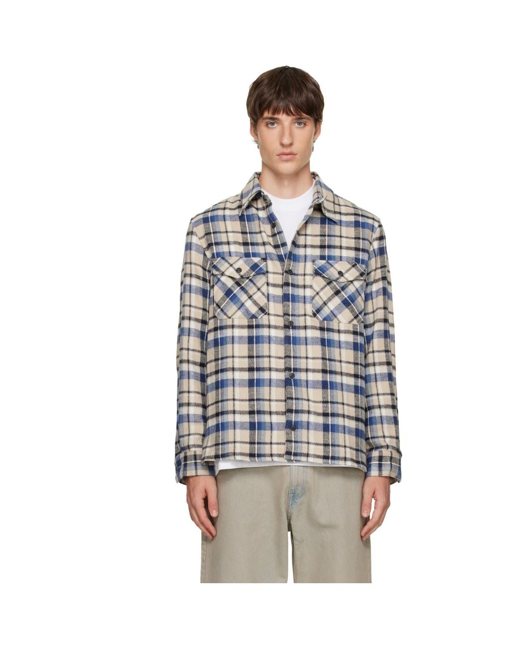 TONYWACK Blue Checked Cotton Flannel Shirt for men