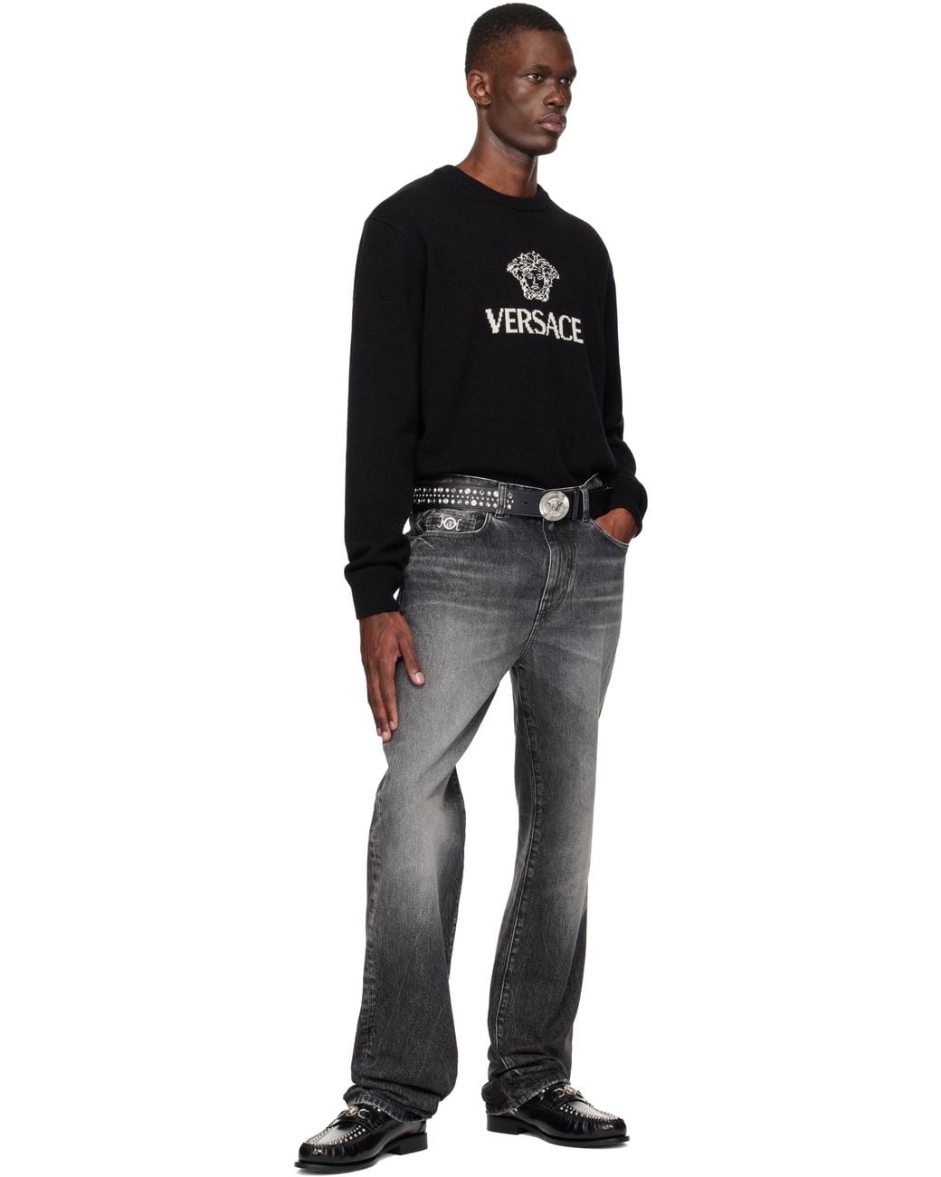 メンズ Versace ブラック メドゥーサ ビギー レザーベルト Black