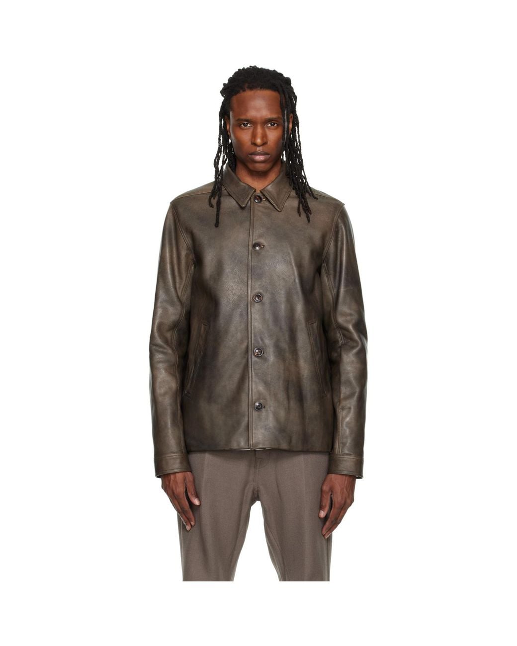 Rick Owens Brown Buttoned Brad Leather Jacket for men