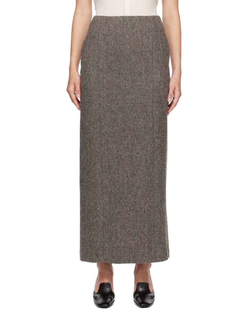 AURALEE Khaki Lama Shetland Wool Tweed Maxi Skirt in Brown | Lyst UK