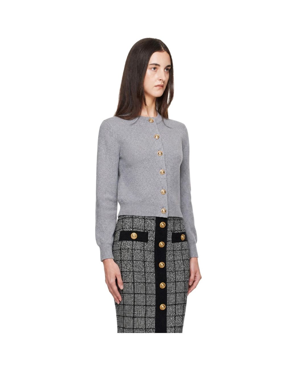 Balmain Gray Buttoned Round Collar Cashmere Cardigan
