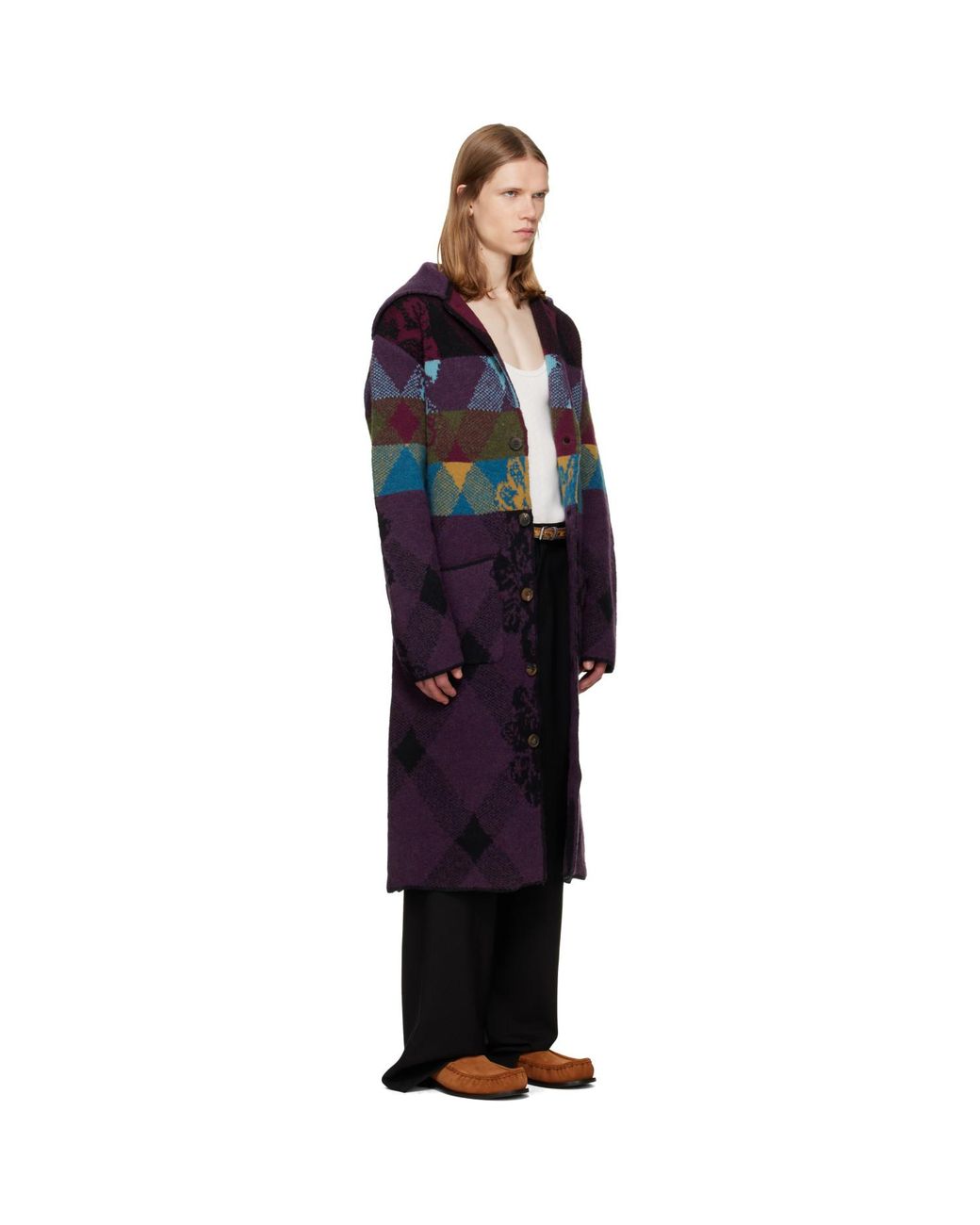 Dries Van Noten Blue Patchwork Wool Cardigan Coat for men