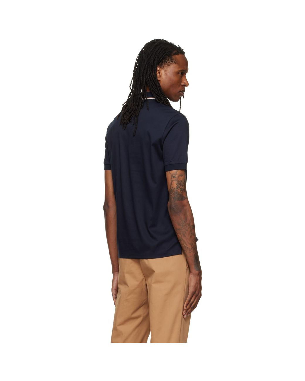 Boss Blue Striped Collar Slim-Fit Cotton Polo for men