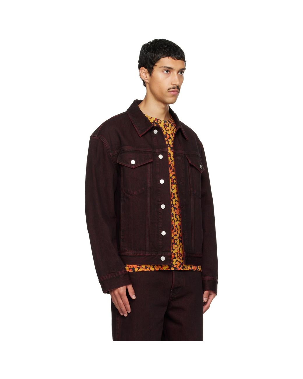Dries Van Noten Brown Burgundy Faded Denim Jacket for men