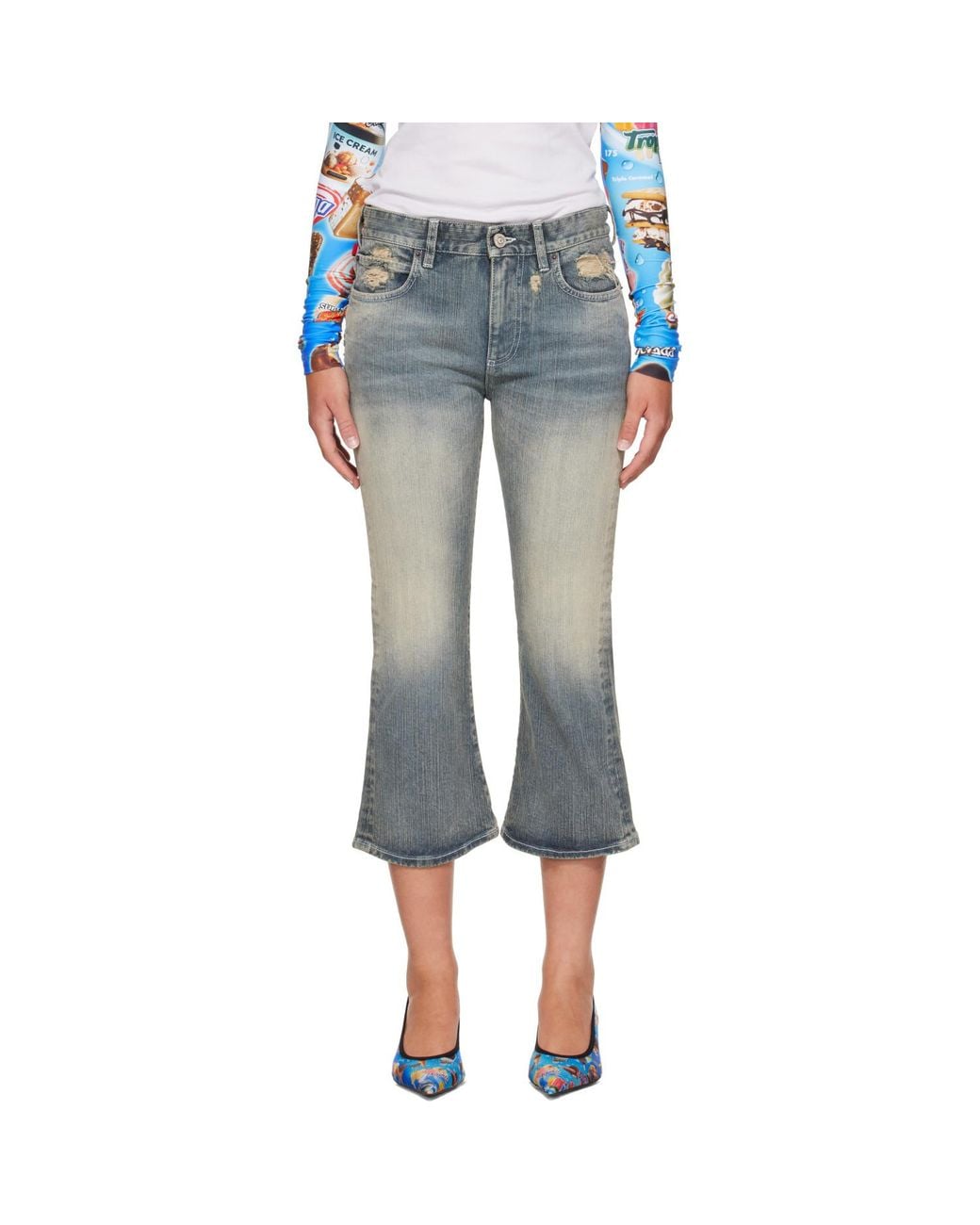 Balenciaga Blue Lace Flared Capri Jeans