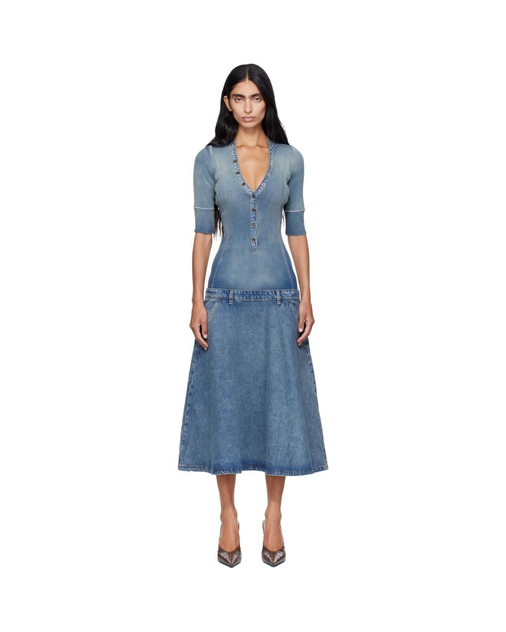 DIESEL Blue Drop-Waist Knit & Denim Midi Dress