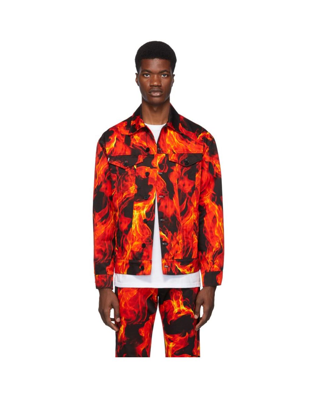 Red Denim Flame Print Jacket for Men 