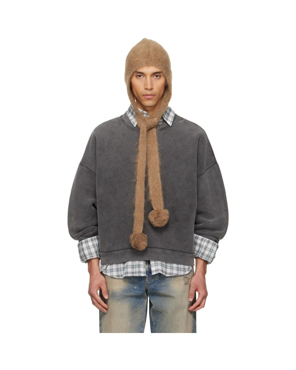 Acne Black Tan Mohair Earflap Hood for men