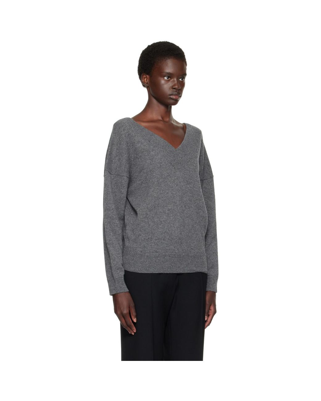 Tom Ford Gray Cashmere Off-The-Shoulder V-Neck Sweater