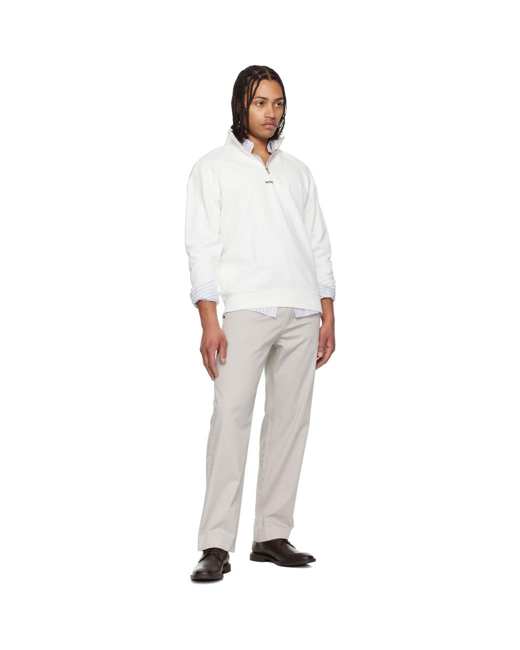 Boss White Taupe Straight-Fit Cotton-Blend Twill Trousers for men