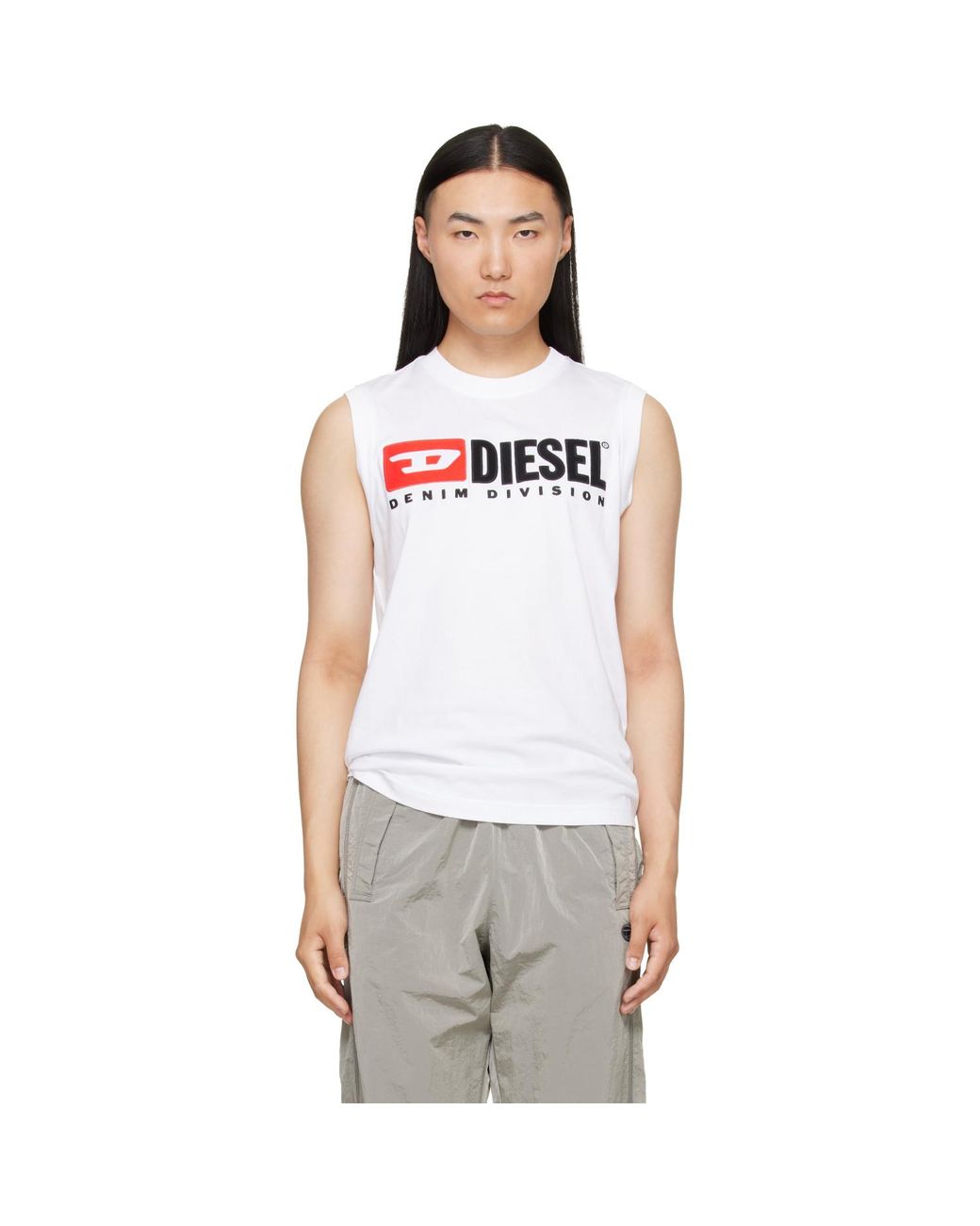 DIESEL White Chest Logo Print Tank Top for men