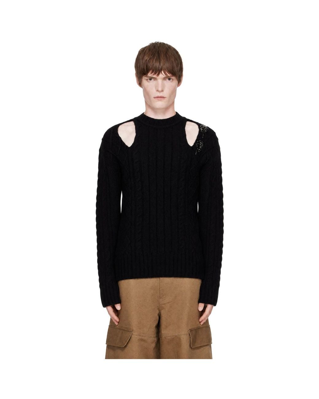 Simone Rocha Black Embellished Cable Knit Slash Sweater for men