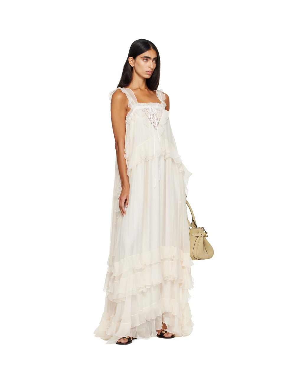 Chloé White Off- Silk Mousseline & Lace Sleeveless Layered Maxi Dress