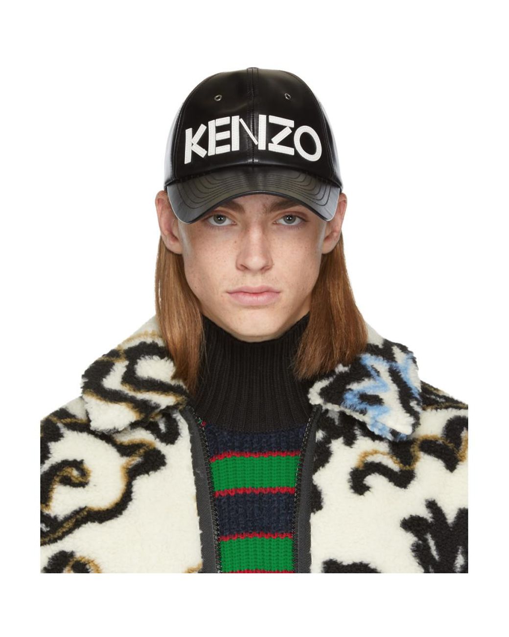 KENZO Black Leather Logo Cap for Men | Lyst